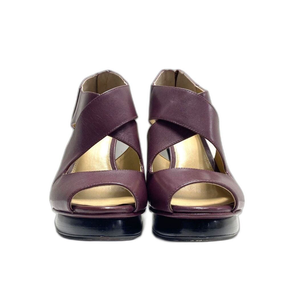 Michael Kors Elena Leather Cross Strap Peep Toe Platform Heels Plum Size 8